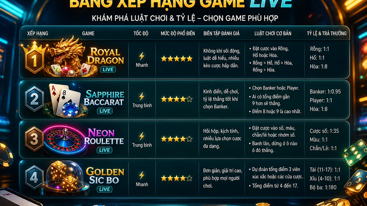 Chọn bàn live dễ theo dõi: bảng xếp hạng game live được xem nhiều trên cwin